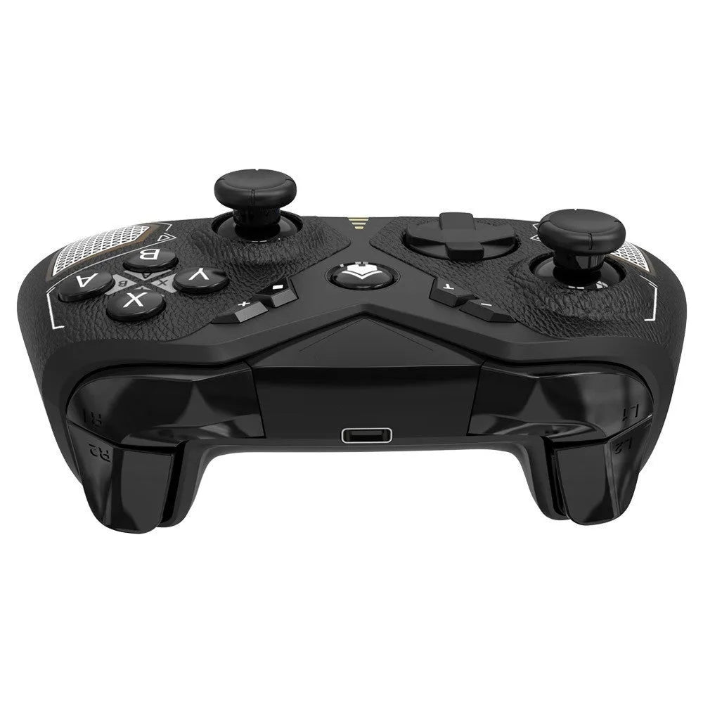 Black wireless game controller with leather-pattern texture on grips, shown next to a Type-C charging cable.