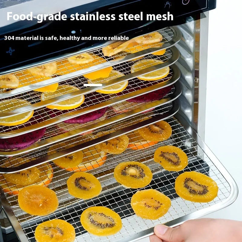 Stainless steel fruit dehydrator with visual skylight on top, showing multiple drying trays inside.