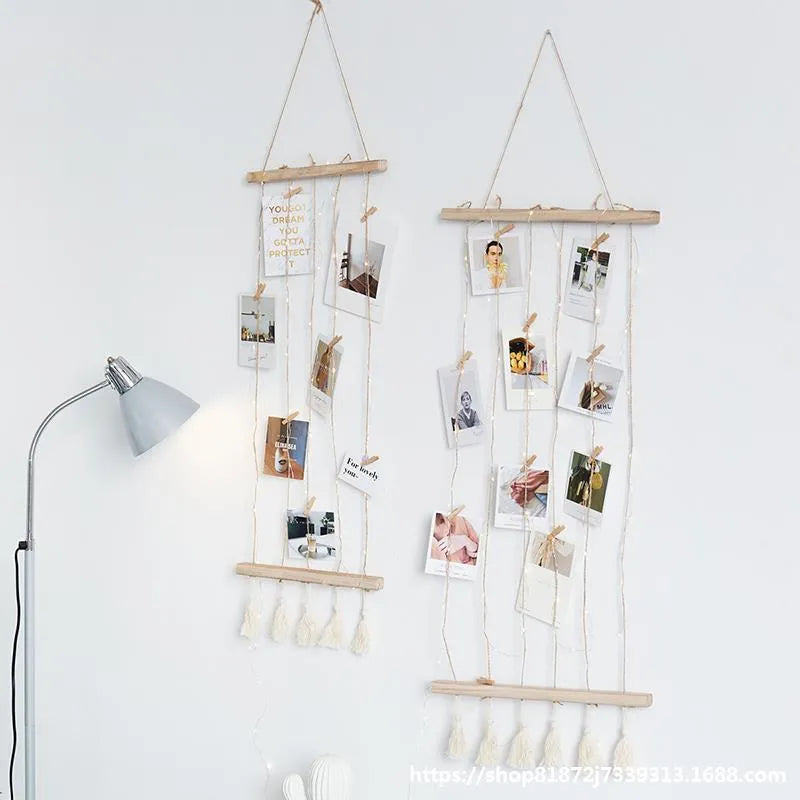 Wood and hemp rope photo wall hanging pendant with wooden clips, shown in small, medium, and large sizes.