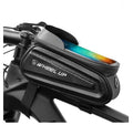 Black and grey mountain bike frame bag with reflective strips mounted on bicycle, showing touch-screen phone panel and adjustable straps