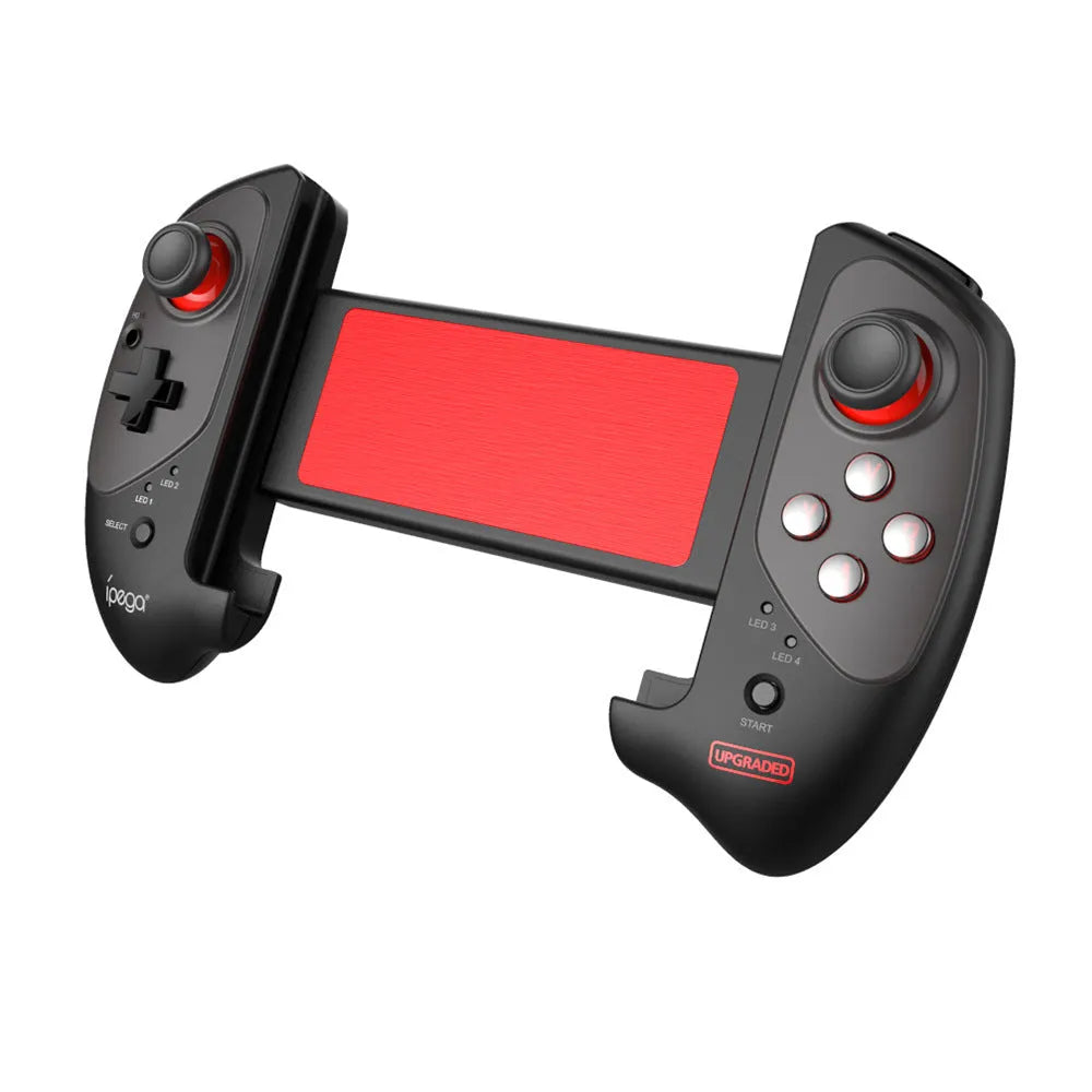Red telescopic gamepad controller extended with smartphone, USB cable included