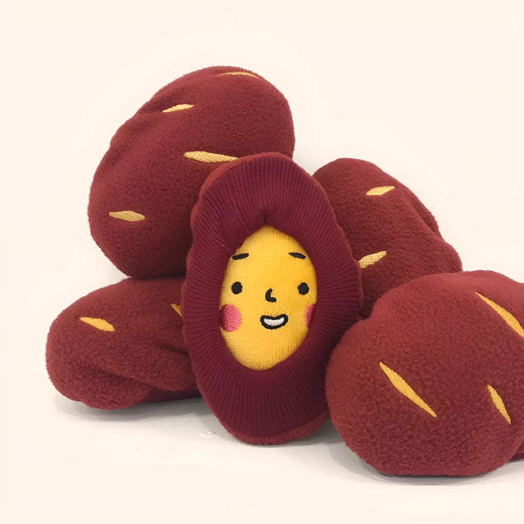 Red sweet potato pet puzzle toy with removable inner piece and hidden treat pocket for dogs and cats