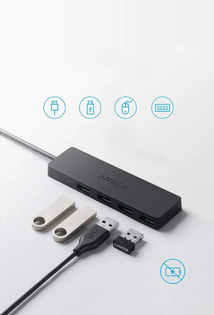 Black Anker USB 3.0 hub with four ports and 200mm cable, dimensions 30x107mm