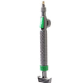 Plastic watering sprayer nozzle with extension tube attached to a large clear beverage bottle.
