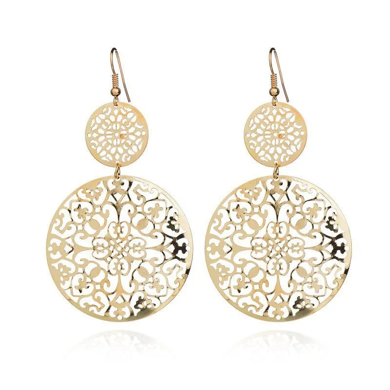 Women's gold round hollow dangle earrings made from zinc alloy, 4.5 by 8 cm, one pair