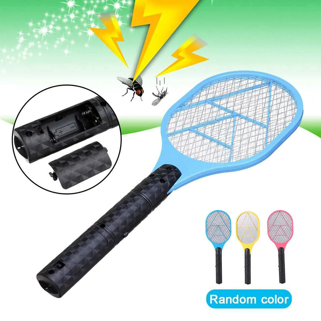 Blue battery-operated electric mosquito swatter with mesh grid, measuring 45cm long.
