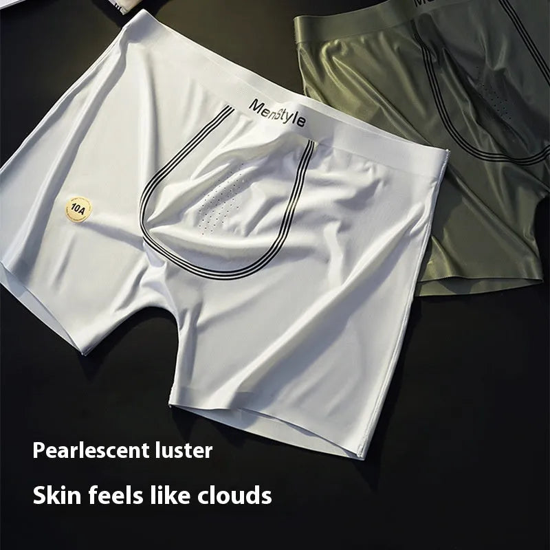Men's satin ice silk seamless boxer shorts in nylon fabric, showing mid waist fit.