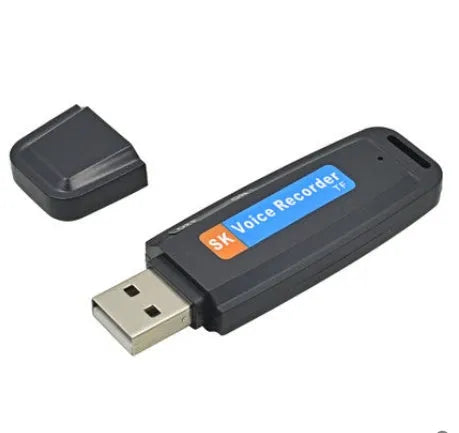 Black and white plastic USB flash drive with voice function showing dimensions and capacity options