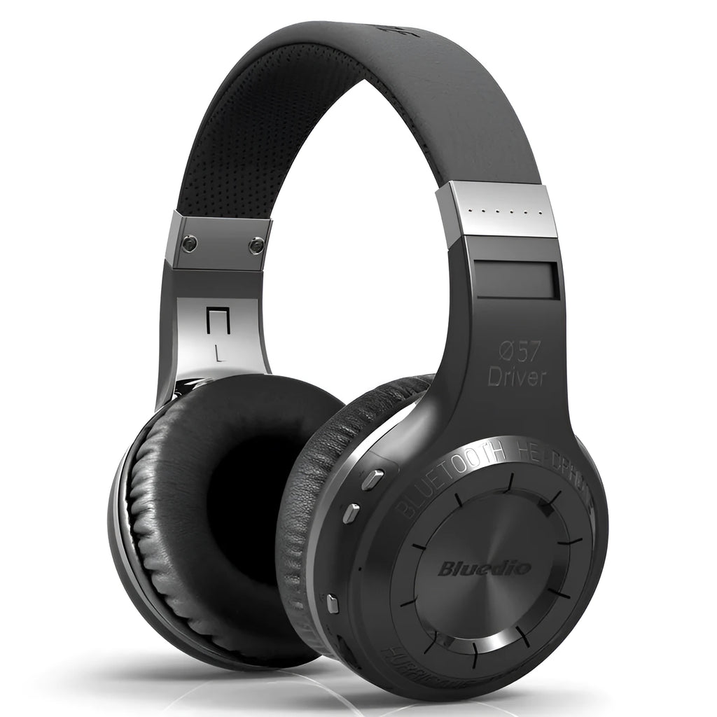 Wireless Bluetooth subwoofer headphones with 57mm driver in white, featuring PU earplugs and 1.2m cable