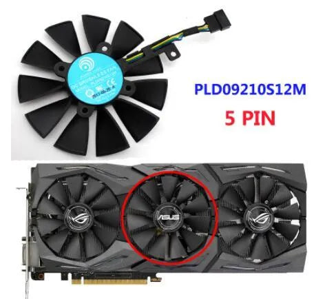 PLD09210S12M 87mm square graphics card cooling fan with 4-pin connector for ROG Strix GPUs.