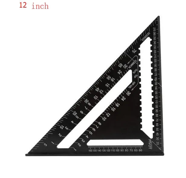 Black aluminium triangle ruler square showing 90 and 45-degree angles with measurement markings