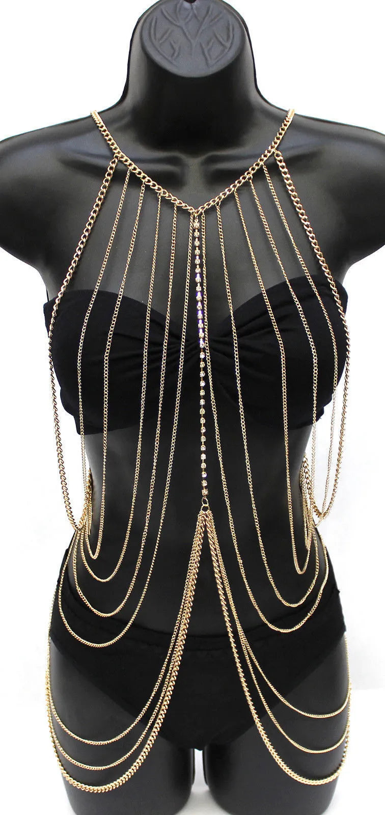 Full body long body chain necklace in gold tone electroplated alloy for women