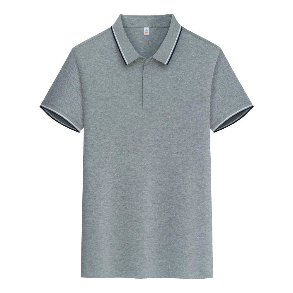 Man wearing a pure cotton short sleeve polo shirt with a lapel collar in a light blue colour.
