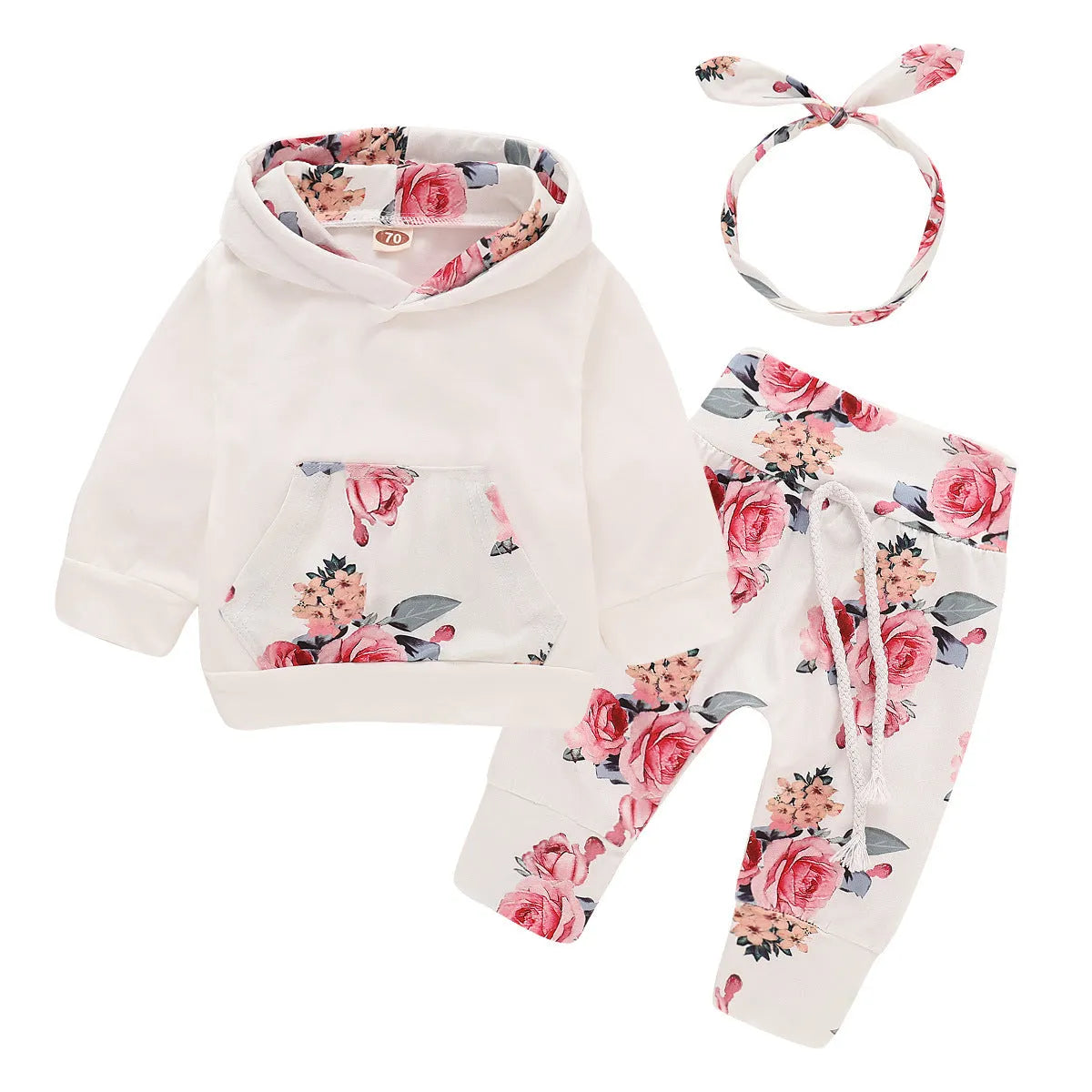 White cotton hooded tracksuit set for infant girl with long sleeves and trousers.