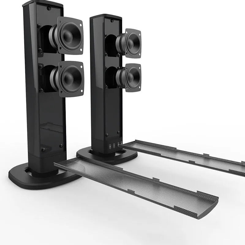 Black foldable split TV Bluetooth speaker with plastic housing showing speaker grilles and control buttons