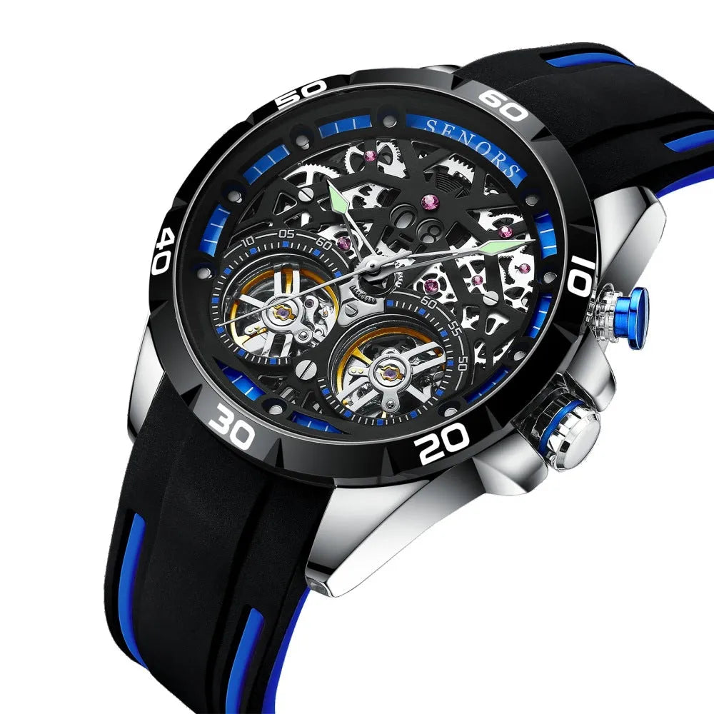 Men's automatic skeleton watch with luminous markers on a blue dial.