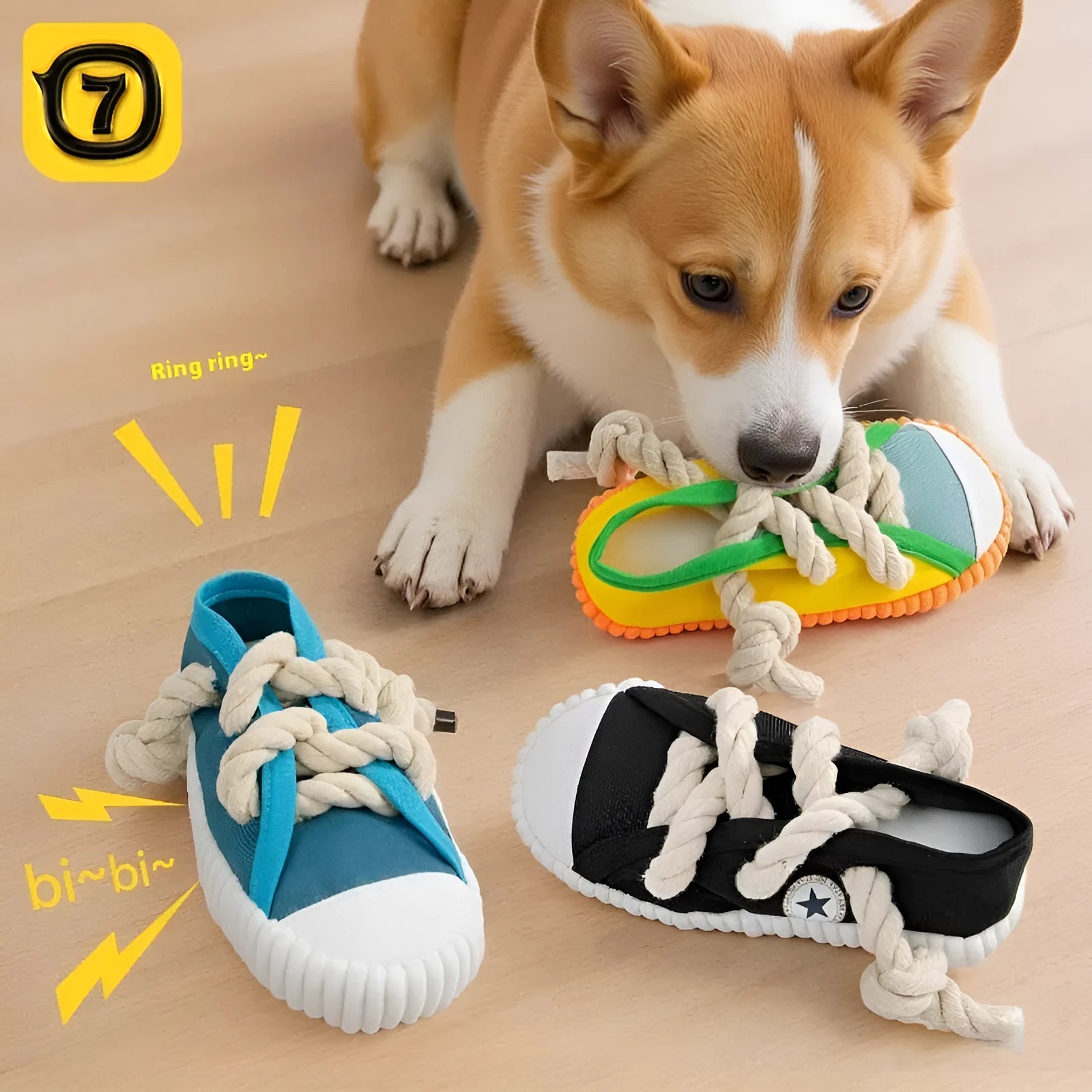 Slipper-shaped plastic dog chew toy with a squeaker, shown in yellow, black, and blue colour options.