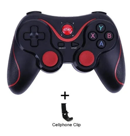 Upgraded X3 Bluetooth wireless game controller for Android phones in black or white, shown with phone clip attached.