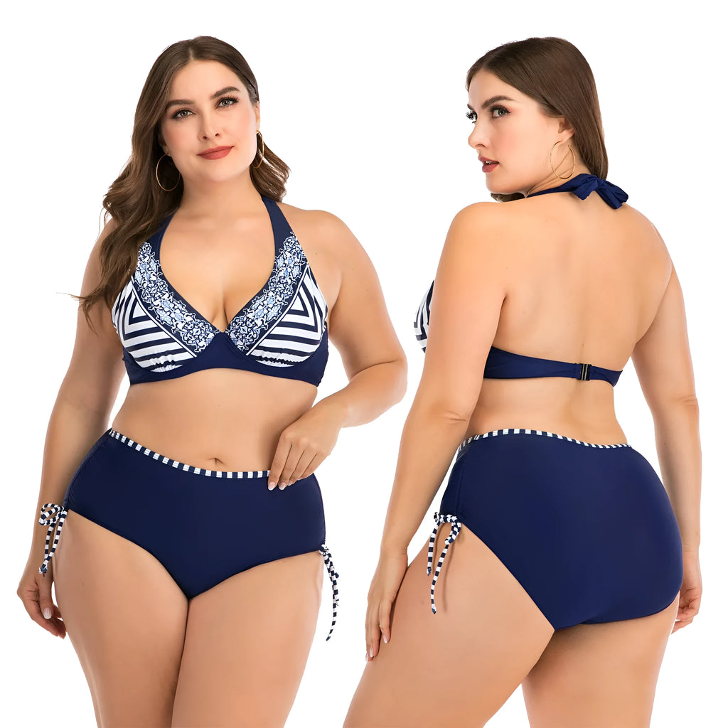Plus size dark blue stripe bikini with high-elasticity nylon fabric and widening thickened straps