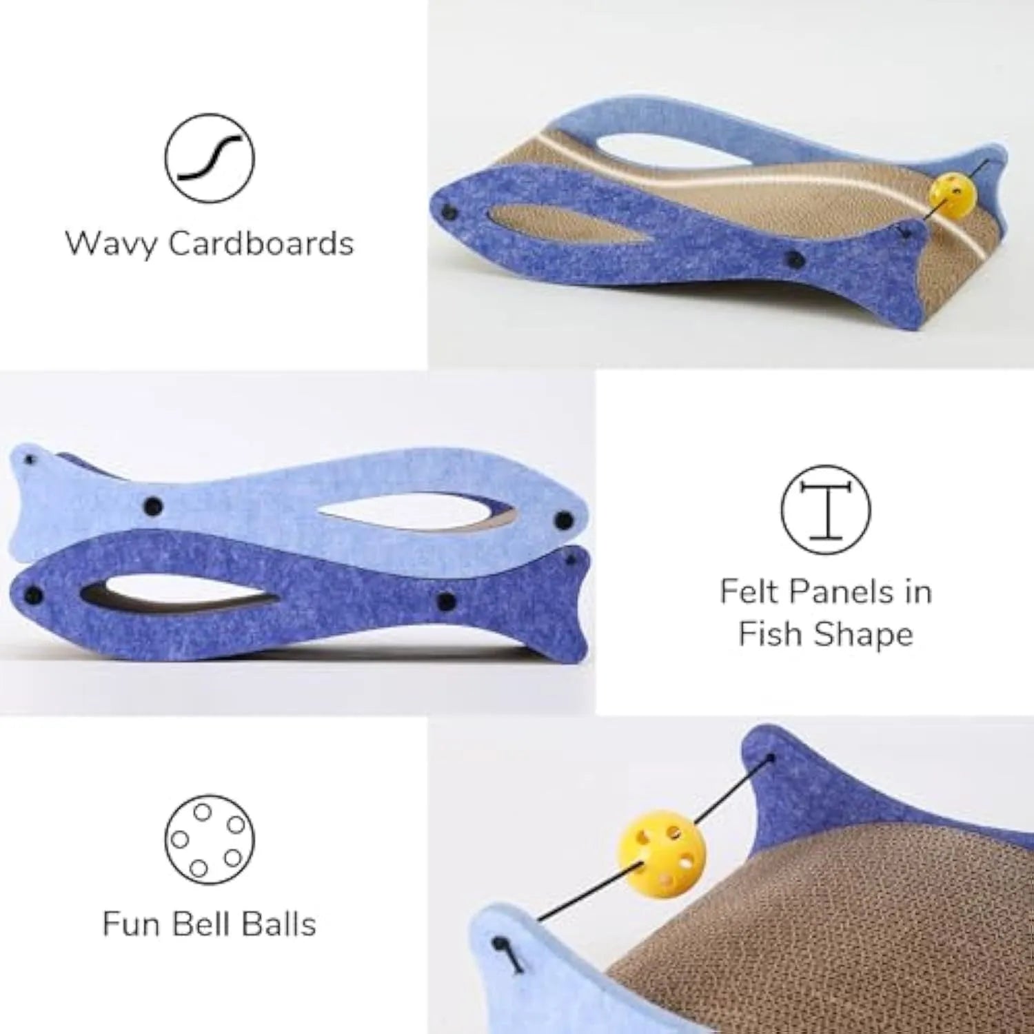Blue fish-shaped cardboard cat scratcher lounge with a bell ball toy attached.