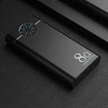 Slim black 20000mAh portable power bank with alloy shell and LED flashlight
