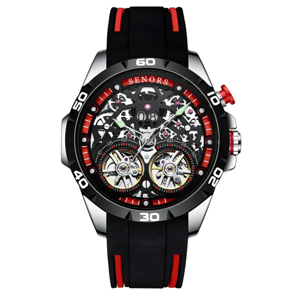 Men's automatic skeleton watch with luminous markers on a blue dial.