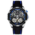 Men's automatic skeleton watch with luminous markers on a blue dial.