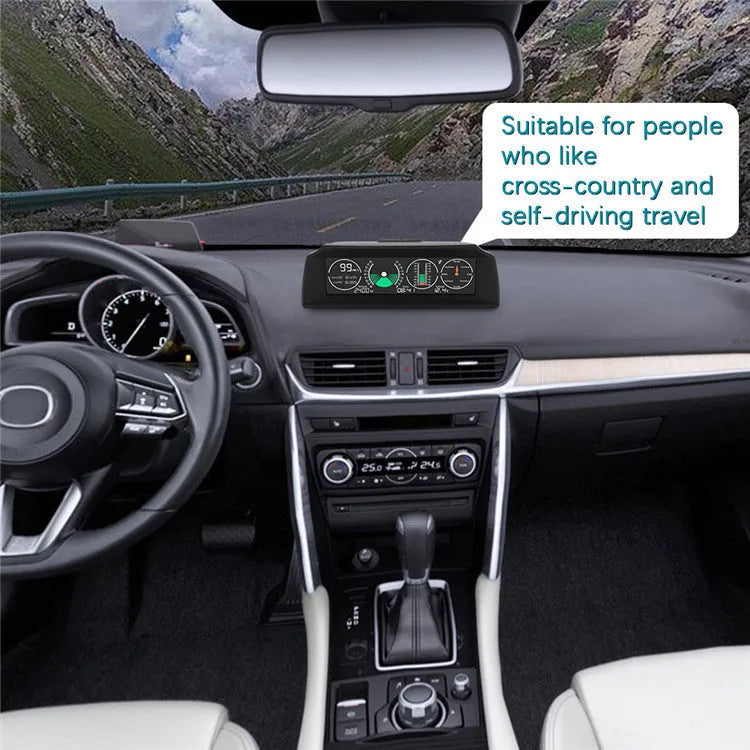 GPS GO 2 black car head-up display unit showing speed, angles, and compass on a colour LCD screen.
