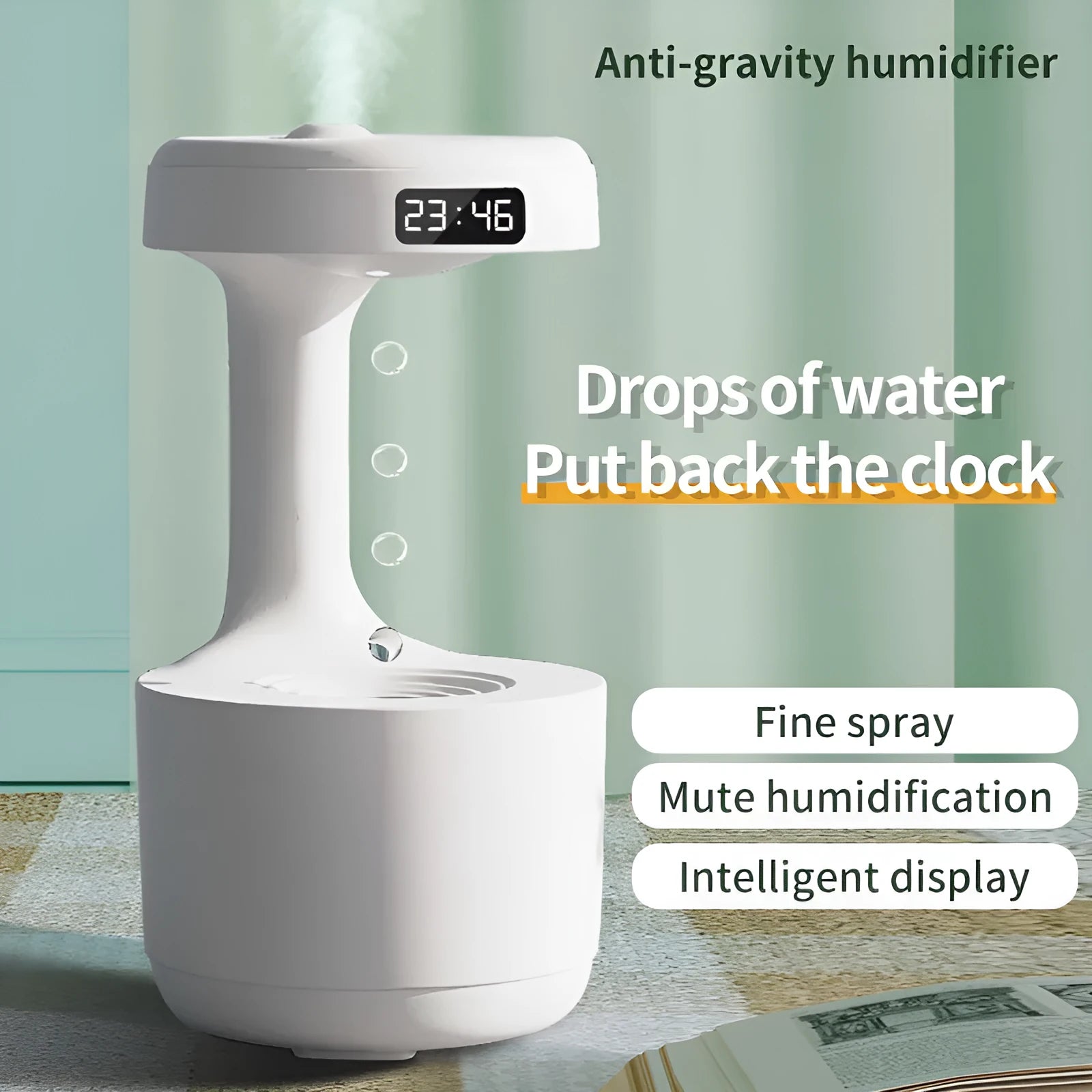 White columnar anti-gravity humidifier with LED clock display and mist output on a wooden desk.