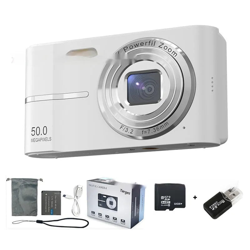 Compact HD 4K digital student camera in black, green, pink, or white with a lanyard and charging cable.