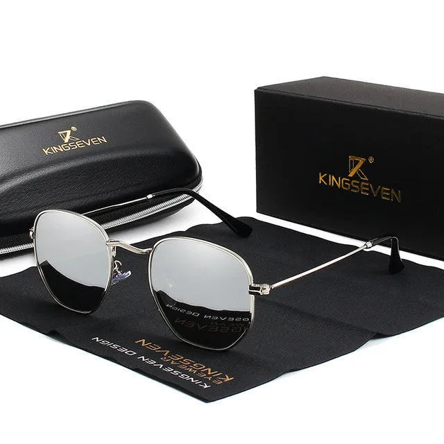 Classic round sunglasses for men in gun grey with polarised UV400 lenses on a case.