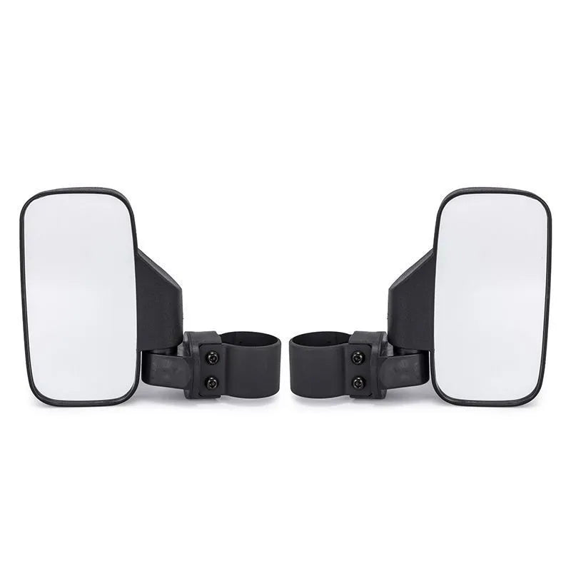 Black universal UTV off-road rearview mirror with plastic housing and glass reflective surface