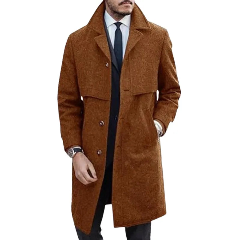Men's plus size woolen single-breasted coat in camel, dark gray, and black with thickened polyester lining