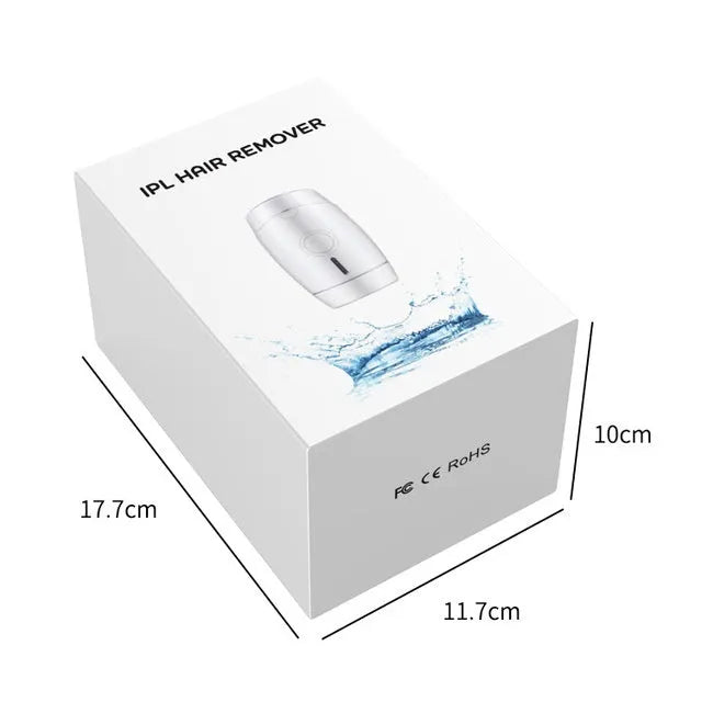 White home laser hair removal device with display screen and button for adjusting five energy levels.