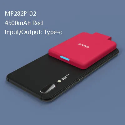 MP282P back clip battery power bank in multiple colours next to a smartphone.
