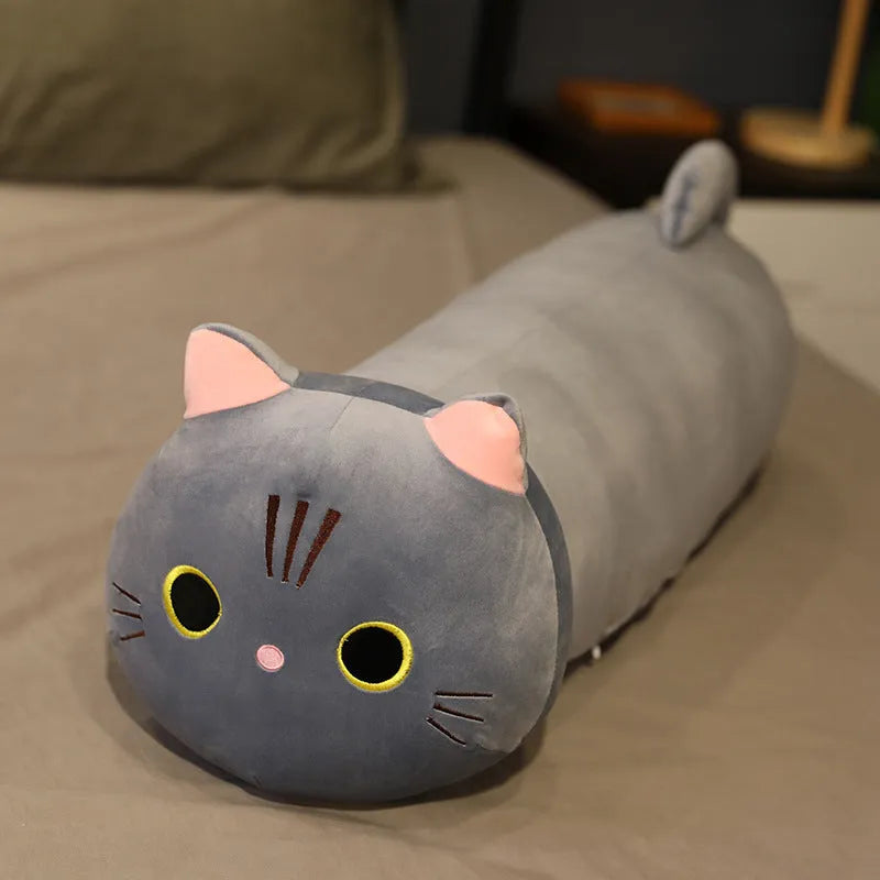 Large grey cartoon cat plush toy stuffed doll shown on a white background.
