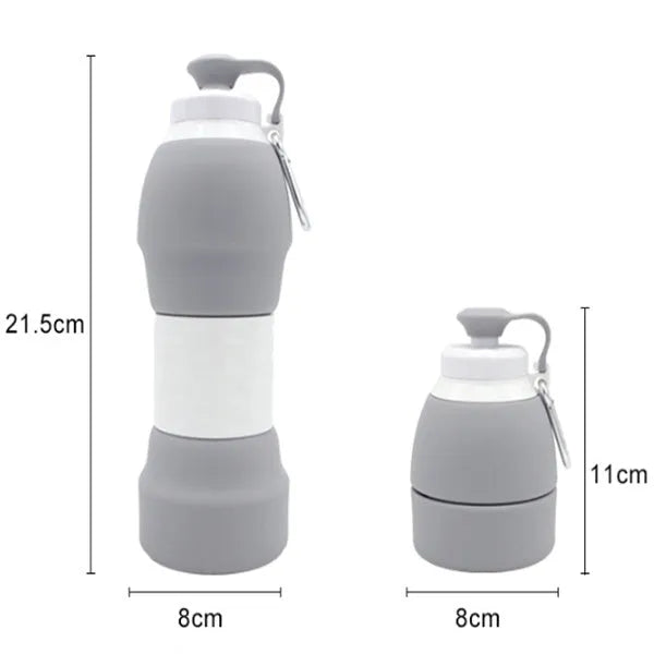 Silicone folding water bottle showing extended and compressed states in blue colour