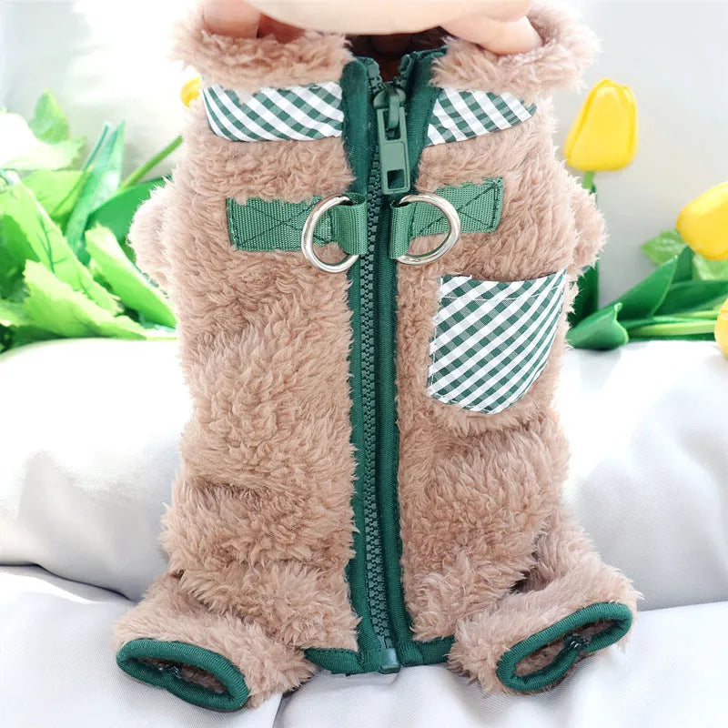 Small dog wearing green fleece coat with back zipper, four-leg winter pajamas for Chihuahua size