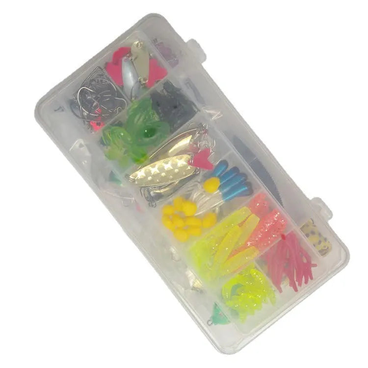 Fishing lure collection showing metal hard mino baits with sequins, plastic lures, fishhooks and fishing pliers