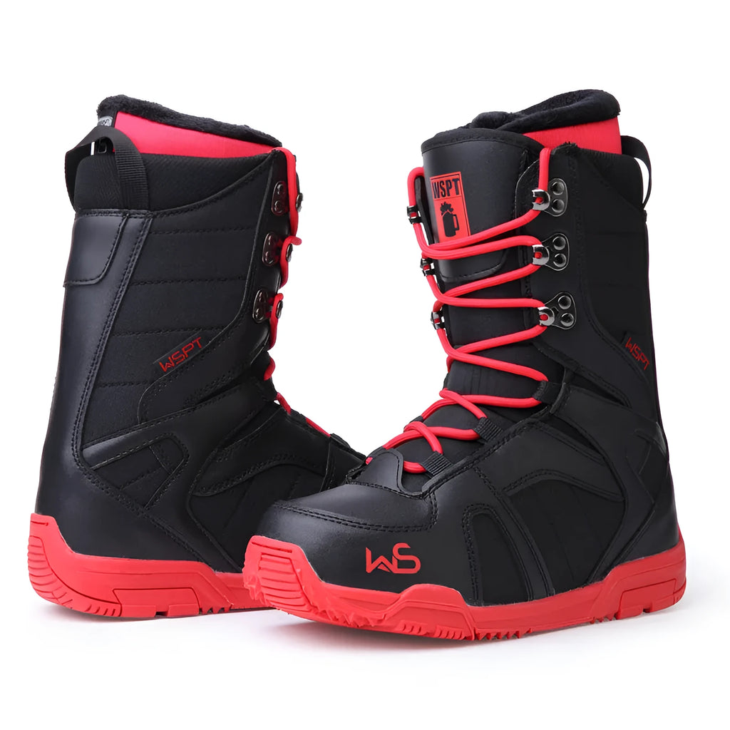 Black men's ski boots with tie closure and rubber outsole on a snowy surface