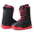 Black men's ski boots with tie closure and rubber outsole on a snowy surface