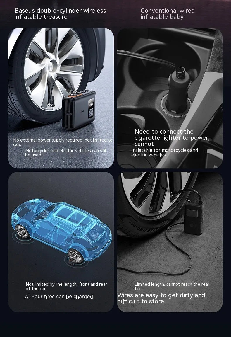 Black portable electric car tyre inflator with digital display, hose, and Type-C charging port