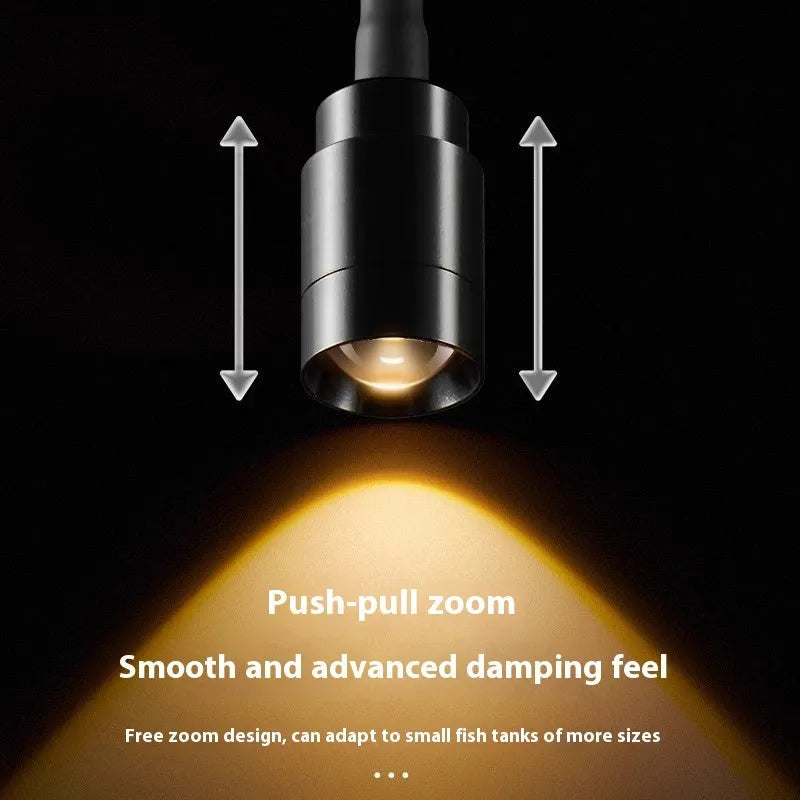 Mini LED aquarium light with clip mount next to a small fish bowl.