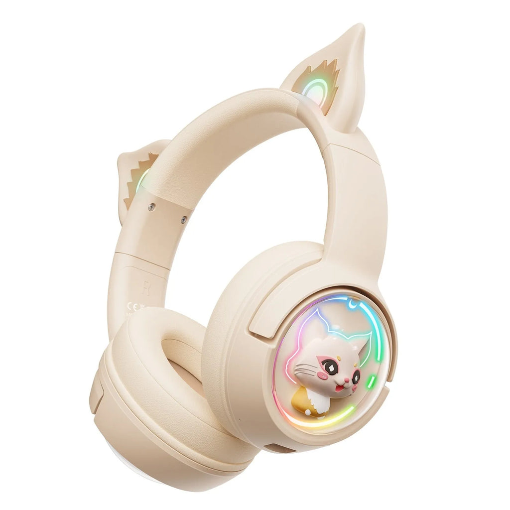 Wireless Bluetooth headset for girls in pink with on-ear design and breathing light