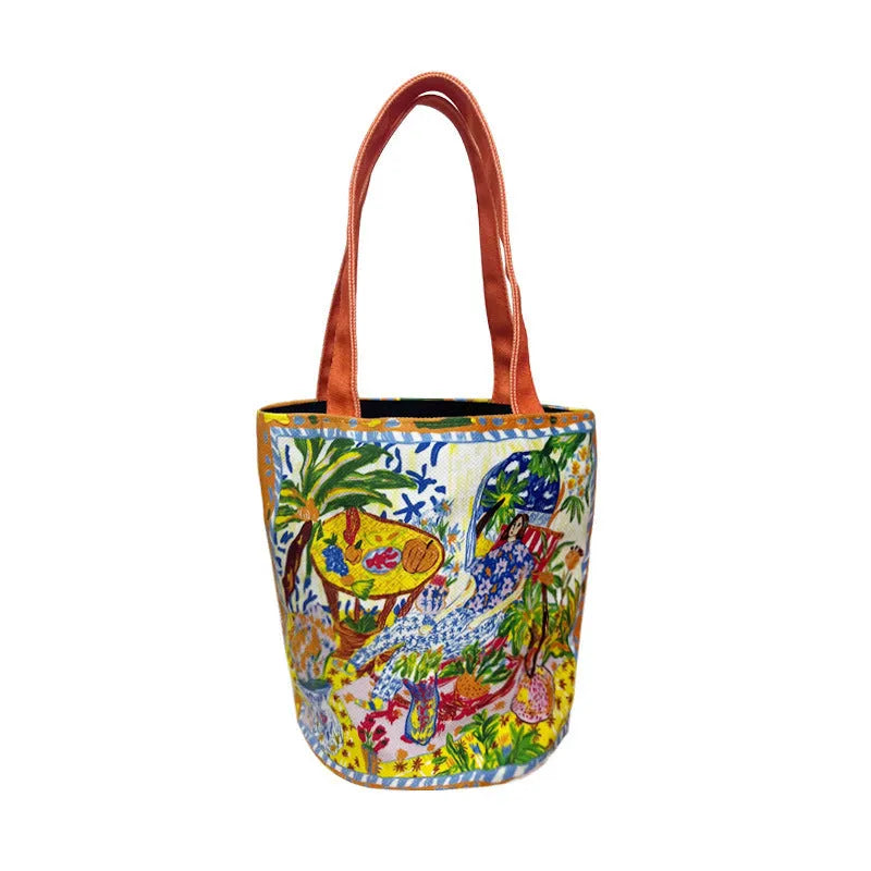 Dream Garden orange plush canvas women's bucket bag with double shoulder straps and printed letter details