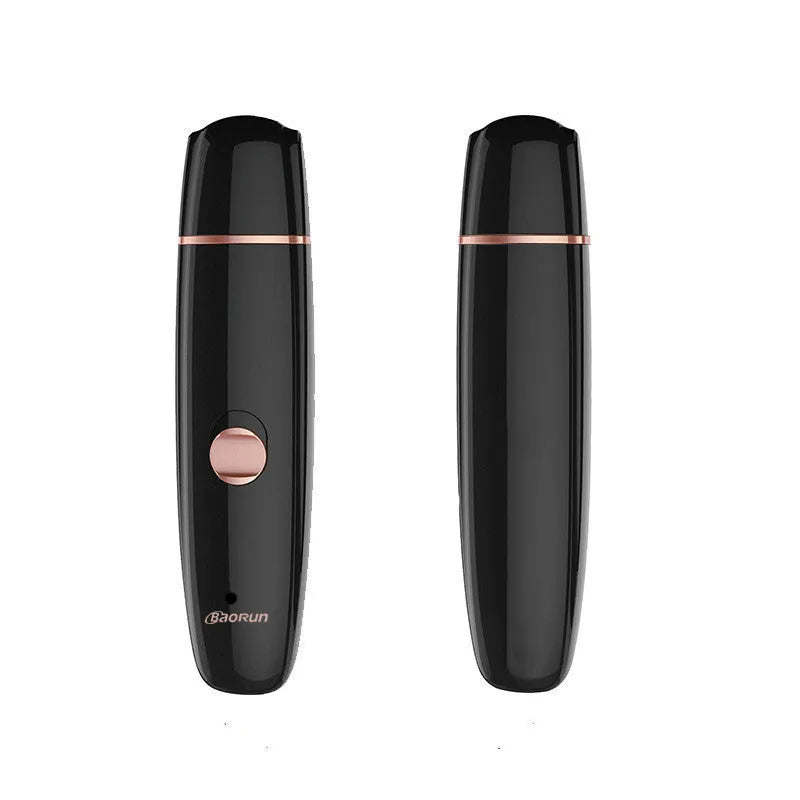Black cat nail clipper with LED light and USB cable, ABS plastic body on white background