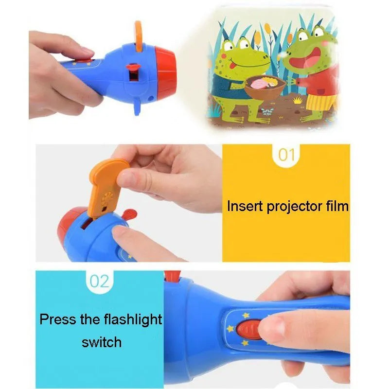 SmartKids handheld story projector torch with four colourful illustrated discs for wall projection.