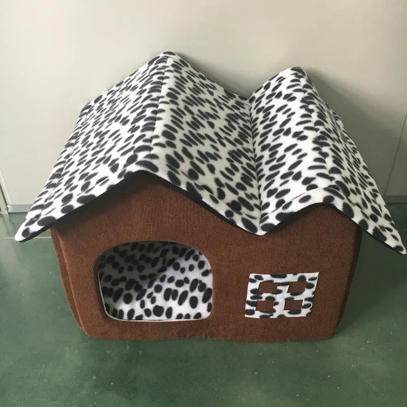 Coffee foldable winter pet kennel dog house with double roof, open size 55cm by 40cm by 42cm