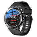 Sports smartwatch with dual cameras on wrist, showing touch screen displaying fitness stats.