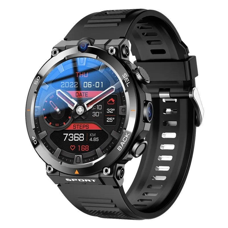 Sports smartwatch with dual cameras on wrist, showing touch screen displaying fitness stats.